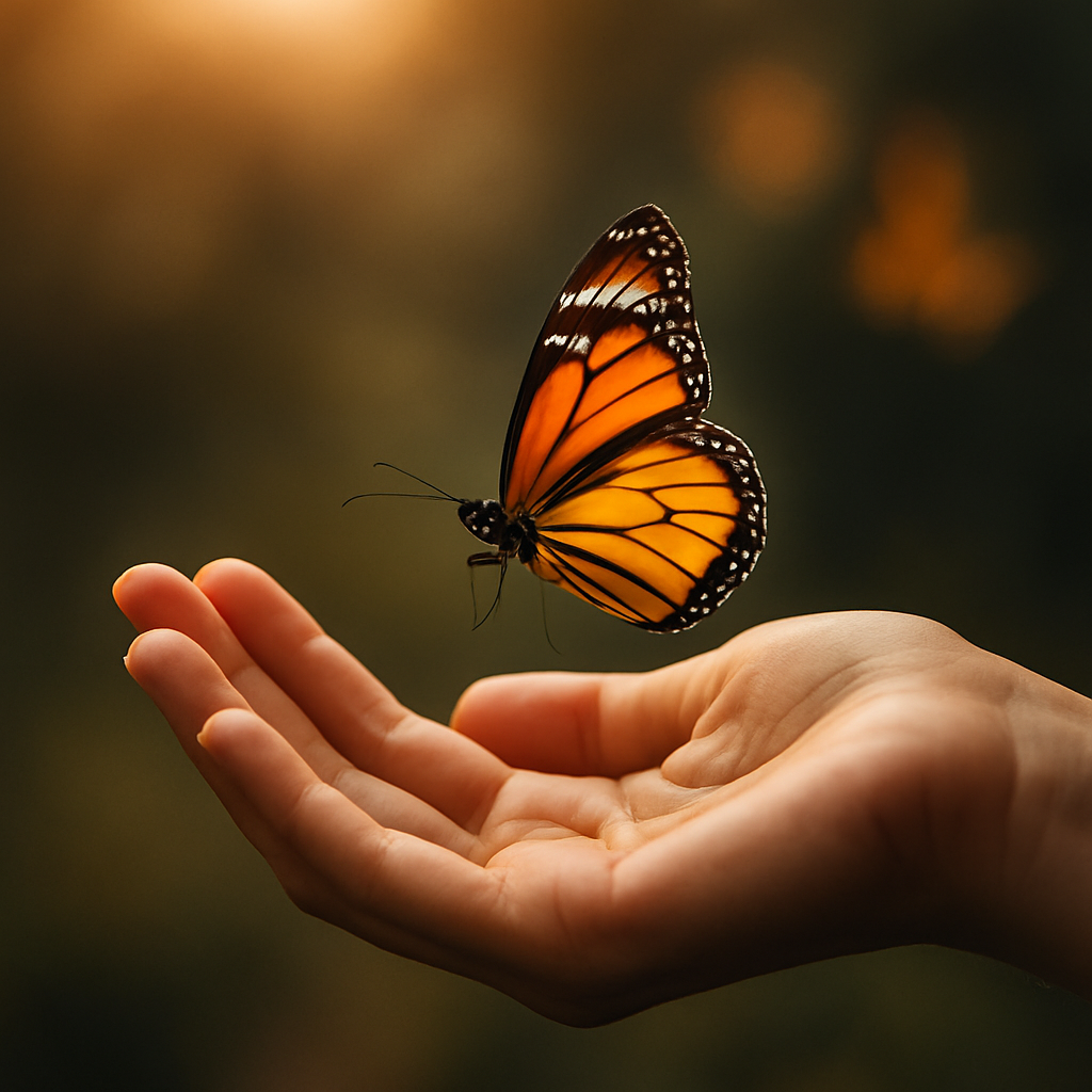 Foto van vlinder op een hand